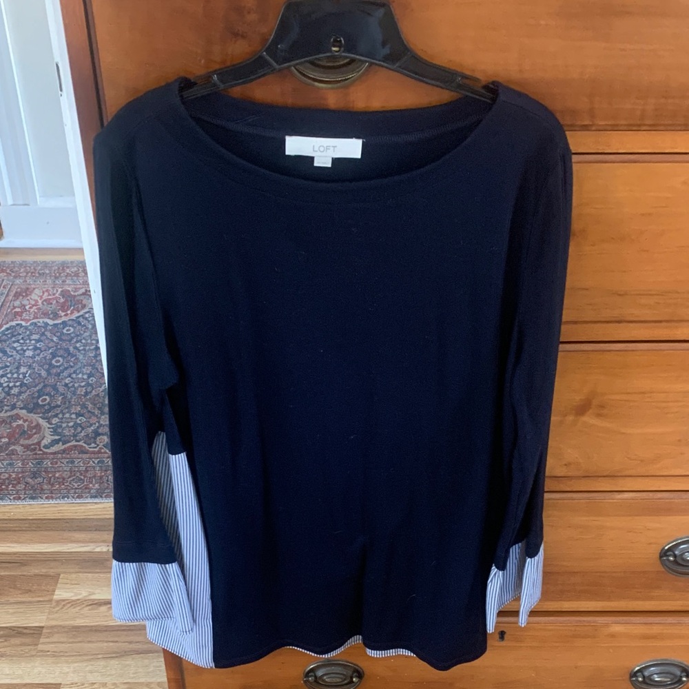 LOFT Dark Blue Top with Striped Sleeves